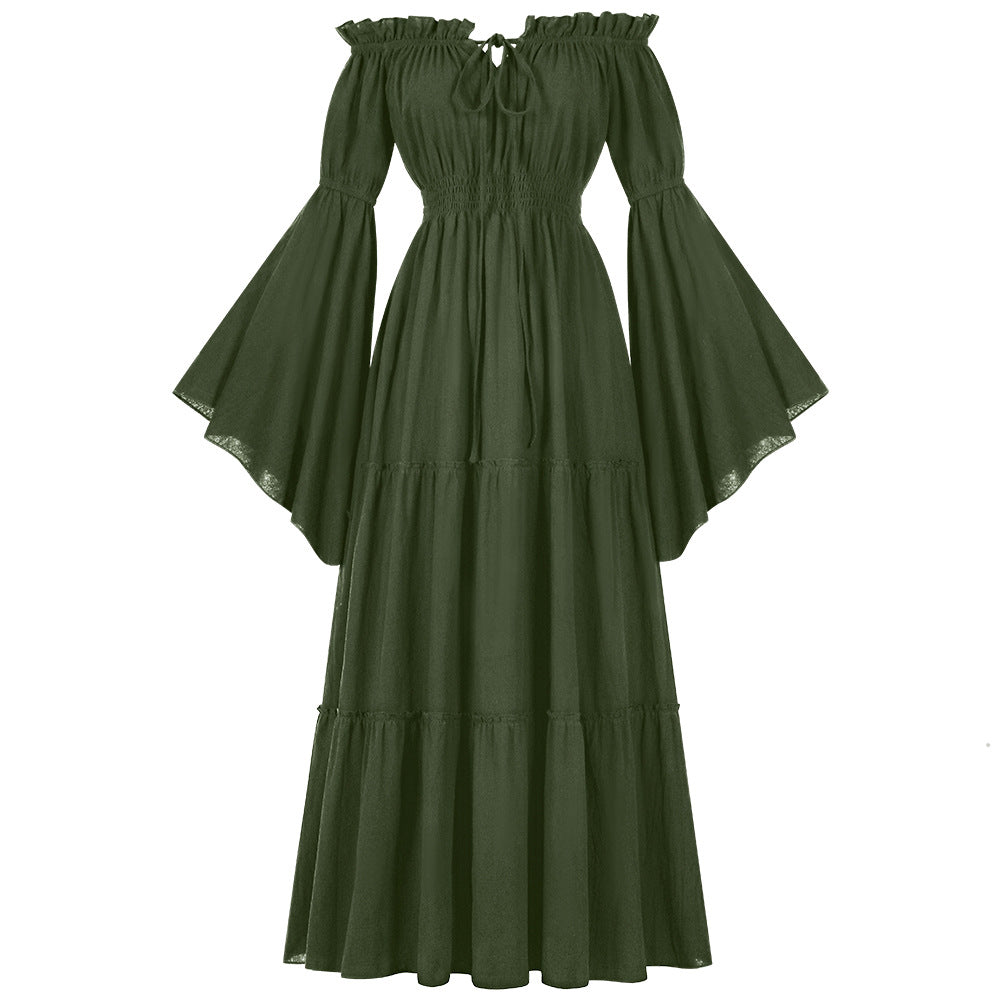 Damen bodenlanges Off-Shoulder Maxikleid mit geraffter Taille, mehrstufigem Rock und weiten Trompetenärmeln – Valéora