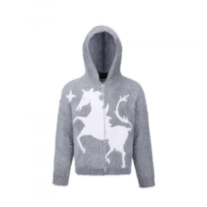 Unisex Flauschiger Kapuzenpullover mit Einhorn-Motiv und durchgehendem Reißverschluss Echo Archiv