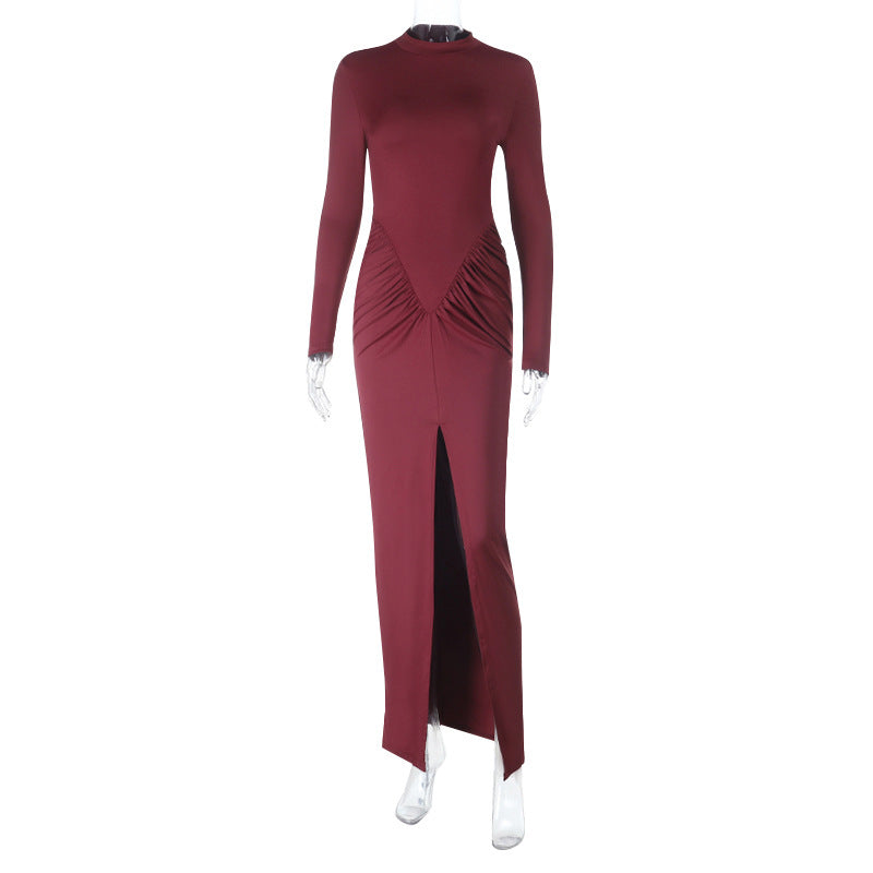 Damen Figurbetontes Abend-Maxikleid mit hohem Rundhals, langen Ärmeln, geraffter Hüftpartie und Frontschlitz – Avérine