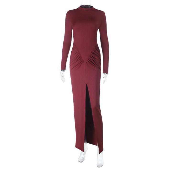 Damen Figurbetontes Abend-Maxikleid mit hohem Rundhals, langen Ärmeln, geraffter Hüftpartie und Frontschlitz – Avérine
