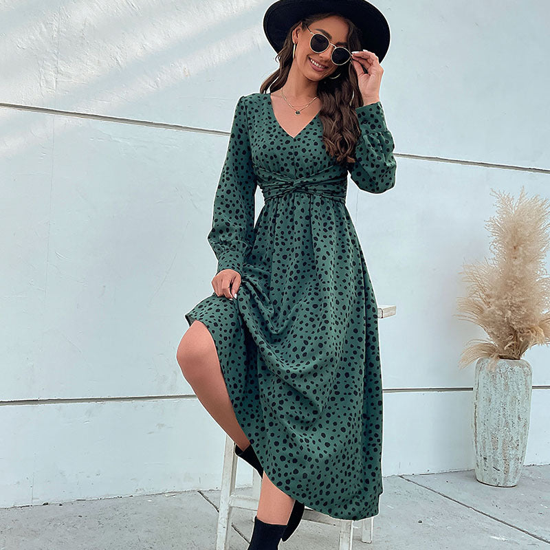 Damen Midikleid im Retro-Pünktchen-Design mit Wickeloptik, V-Ausschnitt und tailliertem Bindegürtel Echoarchiv