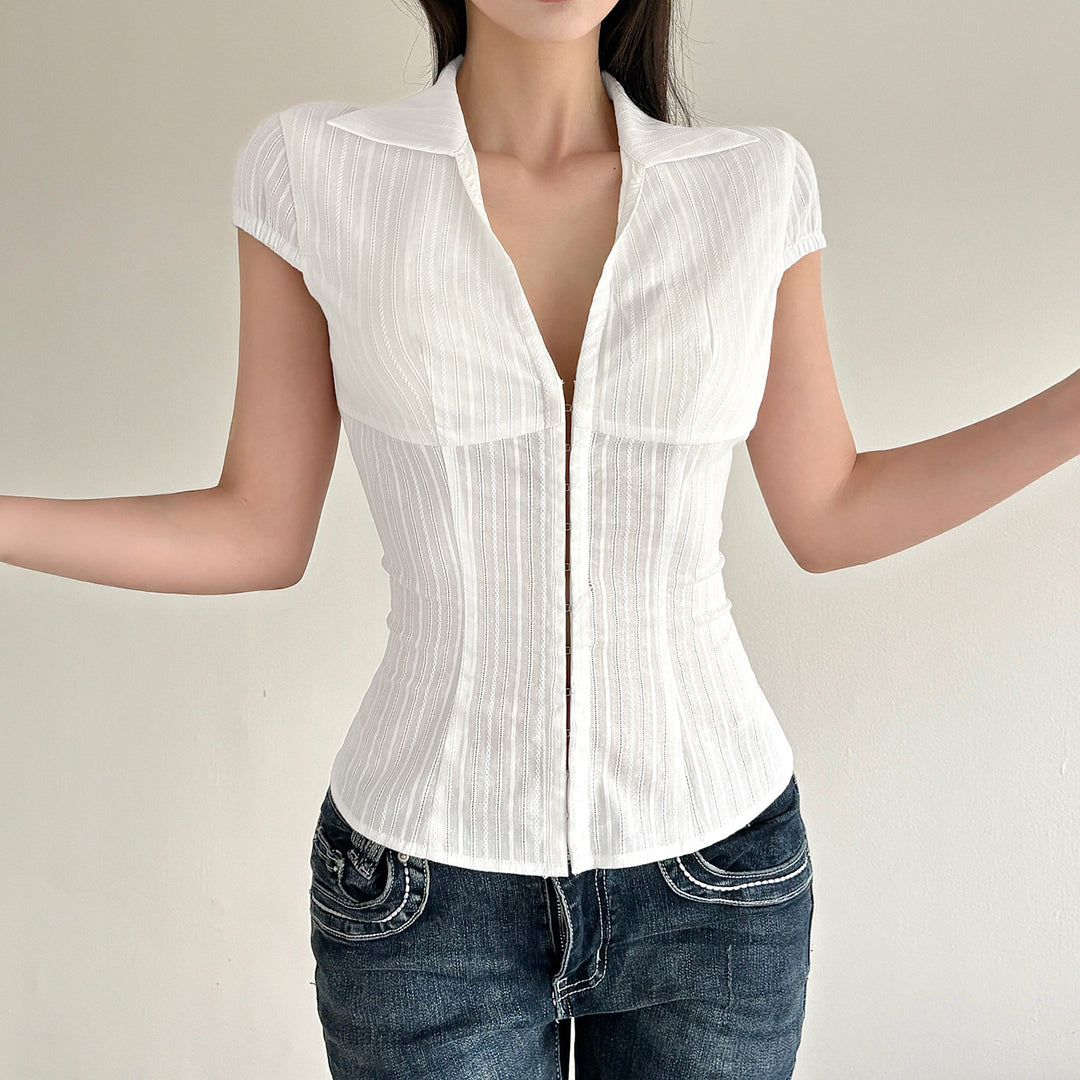 Damen Elegantes kurzärmliges Blusenshirt mit schickem Stehkragen und Reißverschluss Echo Archiv