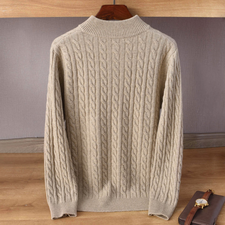 Herren Zopfmuster-Halbzip-Pullover aus weichem Wollmix mit Stehkragen Echoarchiv