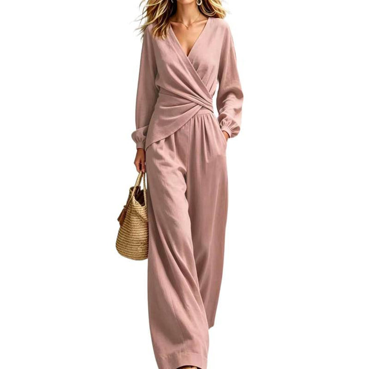 Damen Wickel-Jumpsuit mit weitem Bein und V-Ausschnitt Echoarchiv