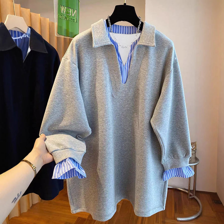 Damen Oversized Sweatshirt mit Hemdkragen-Optik und gestreiften Manschetten – Avérine