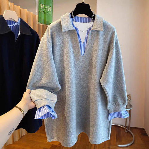 Damen Oversized Sweatshirt mit Hemdkragen-Optik und gestreiften Manschetten – Avérine