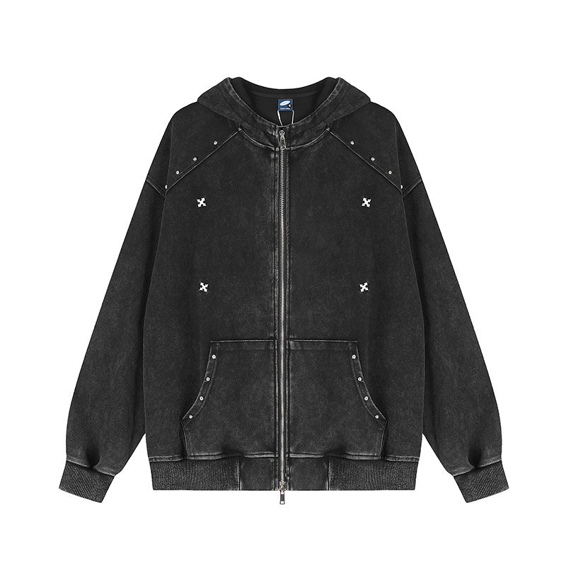 Unisex Oversize-Kapuzen-Zipjacke mit Vintage-Waschung, Metallnieten und Kängurutasche Echoarchiv
