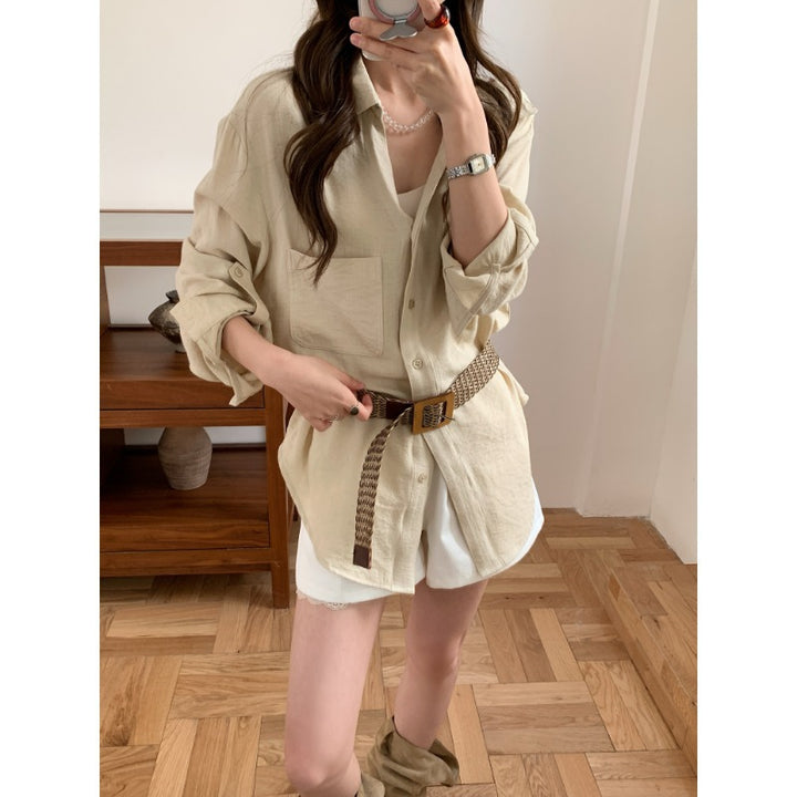 Damen Lässiges Leinenoptik-Longshirt mit Oversize-Schnitt und Brusttasche Echoarchiv