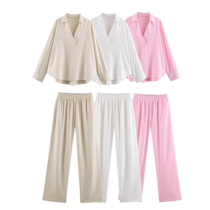 Damen Oversize Leinen-Mix Bluse mit tiefem V-Ausschnitt und Hemdkragen Echo Archiv