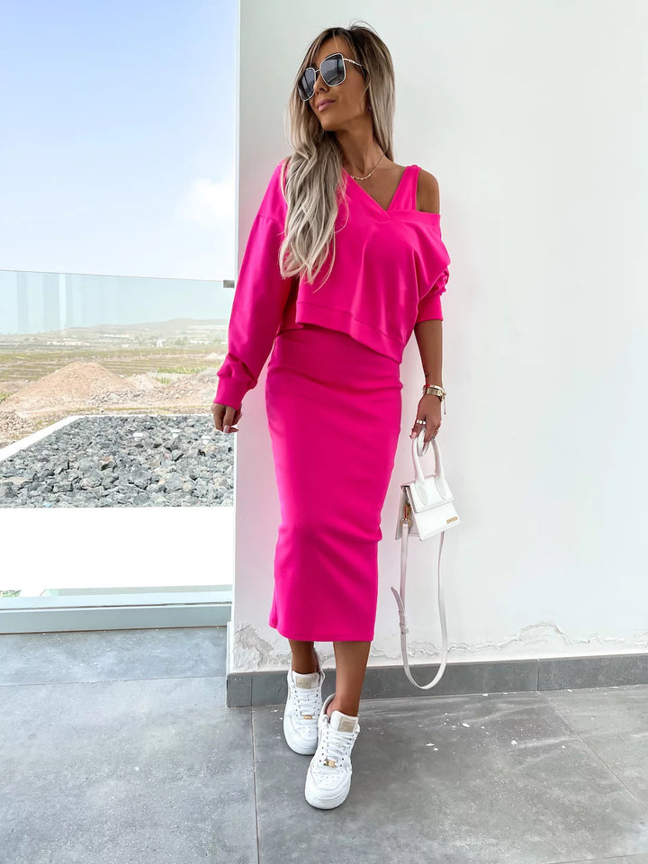 Damen nan zweiteiliges Midirock-Set mit off-shoulder Oversize-Sweatshirt und figurbetontem Bleistiftrock Echo Archiv