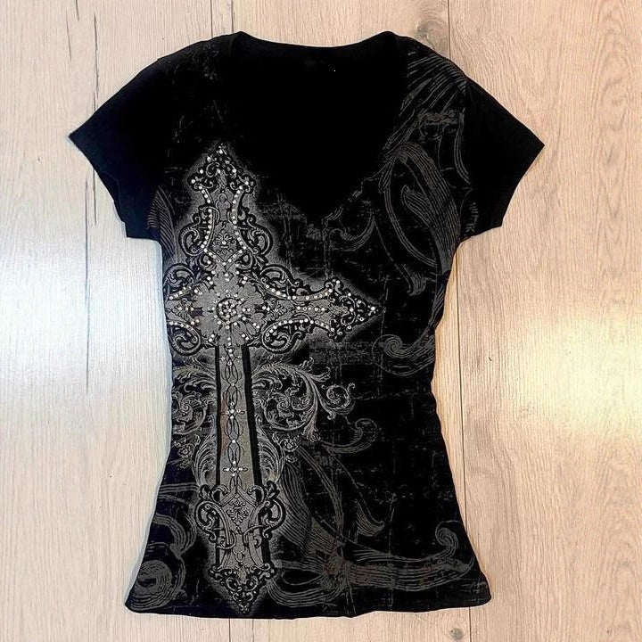 Damen T-Shirt mit aufwendigem Kreuz-Design und Strass-Akzenten Echo Archiv