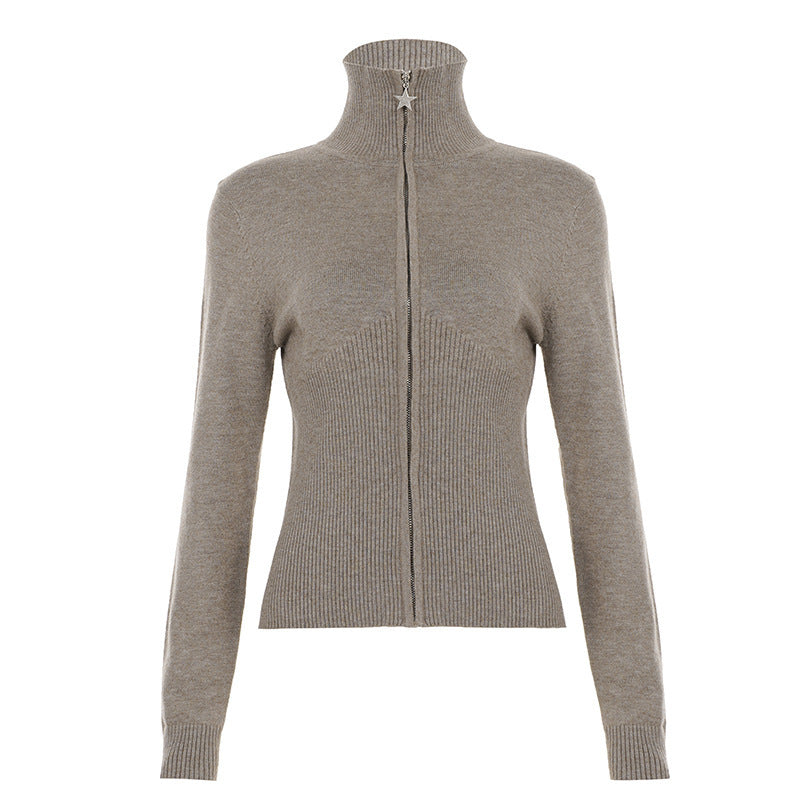 Damen Figurbetonter Zip-Pullover mit Stehkragen und taillierter Rippstruktur Echo Archiv