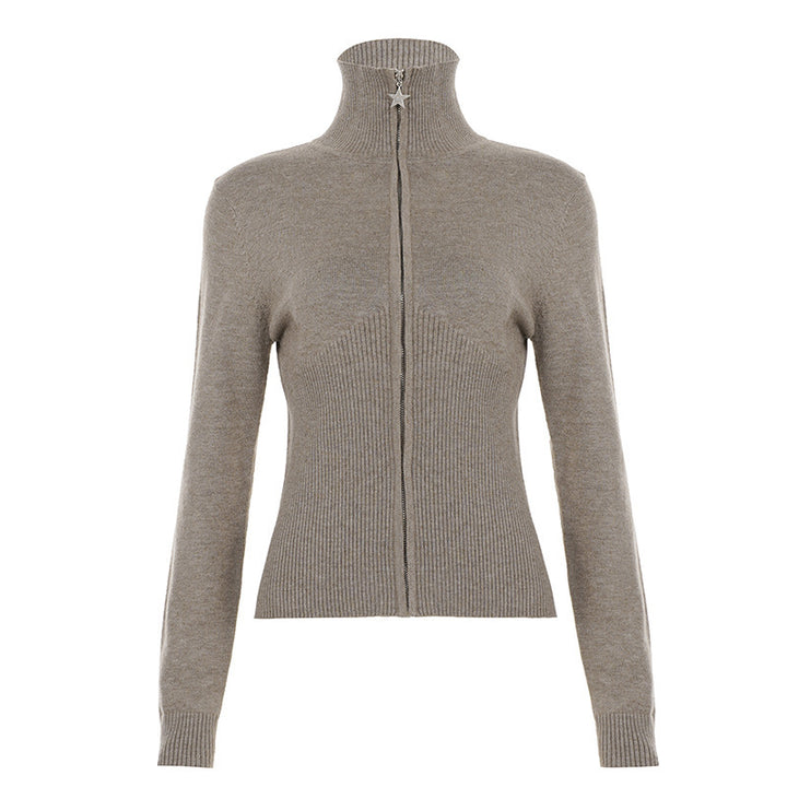 Damen Figurbetonter Zip-Pullover mit Stehkragen und taillierter Rippstruktur Echo Archiv