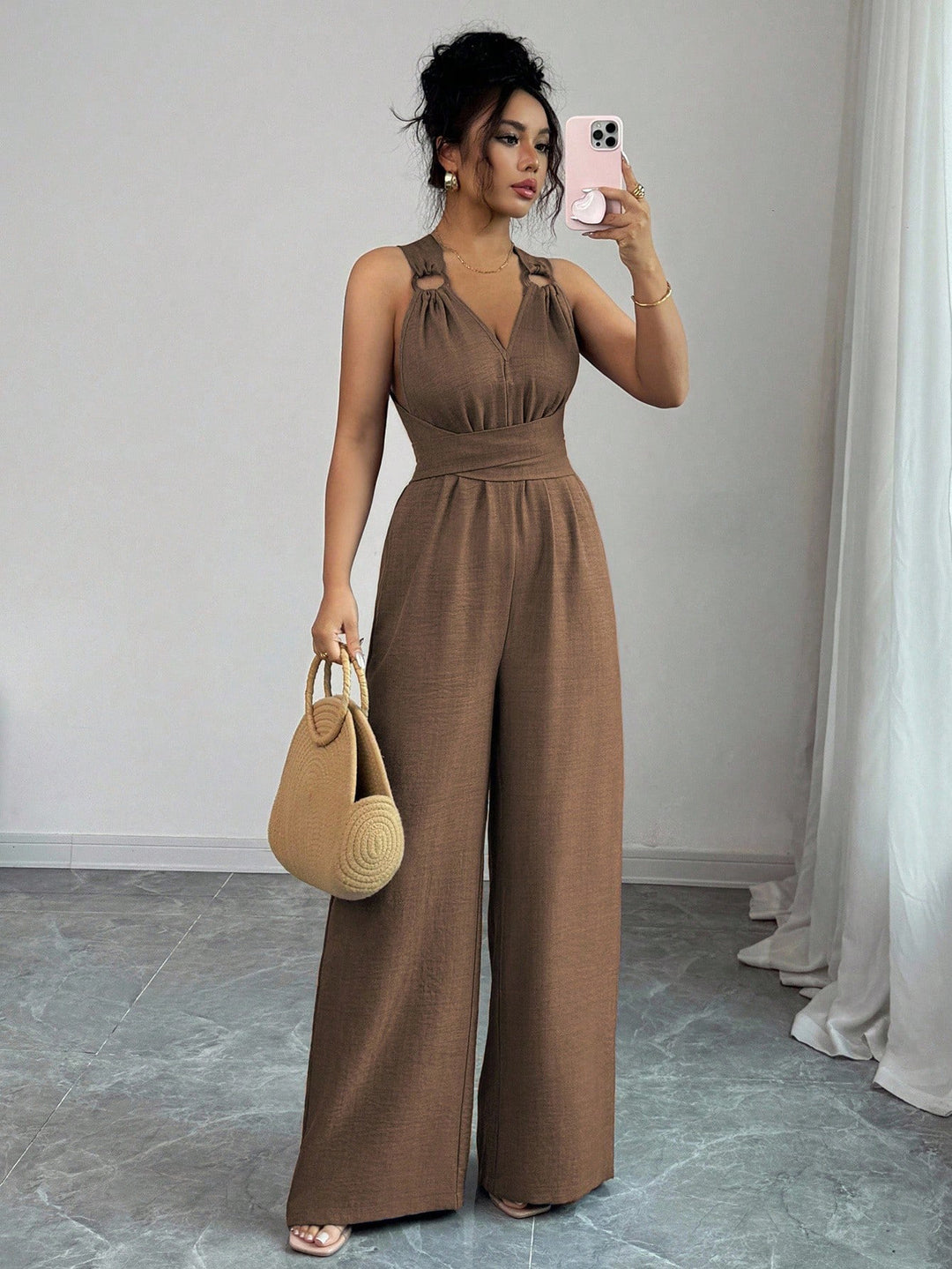 Damen Jumpsuit mit weitem Bein, tailliertem Wickelband und Ösen-Trägern Echo Archiv