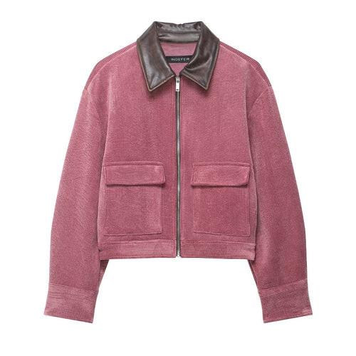 Damen Kurze Cord-Collegejacke mit Kunstlederkragen und aufgesetzten Pattentaschen Echoarchiv