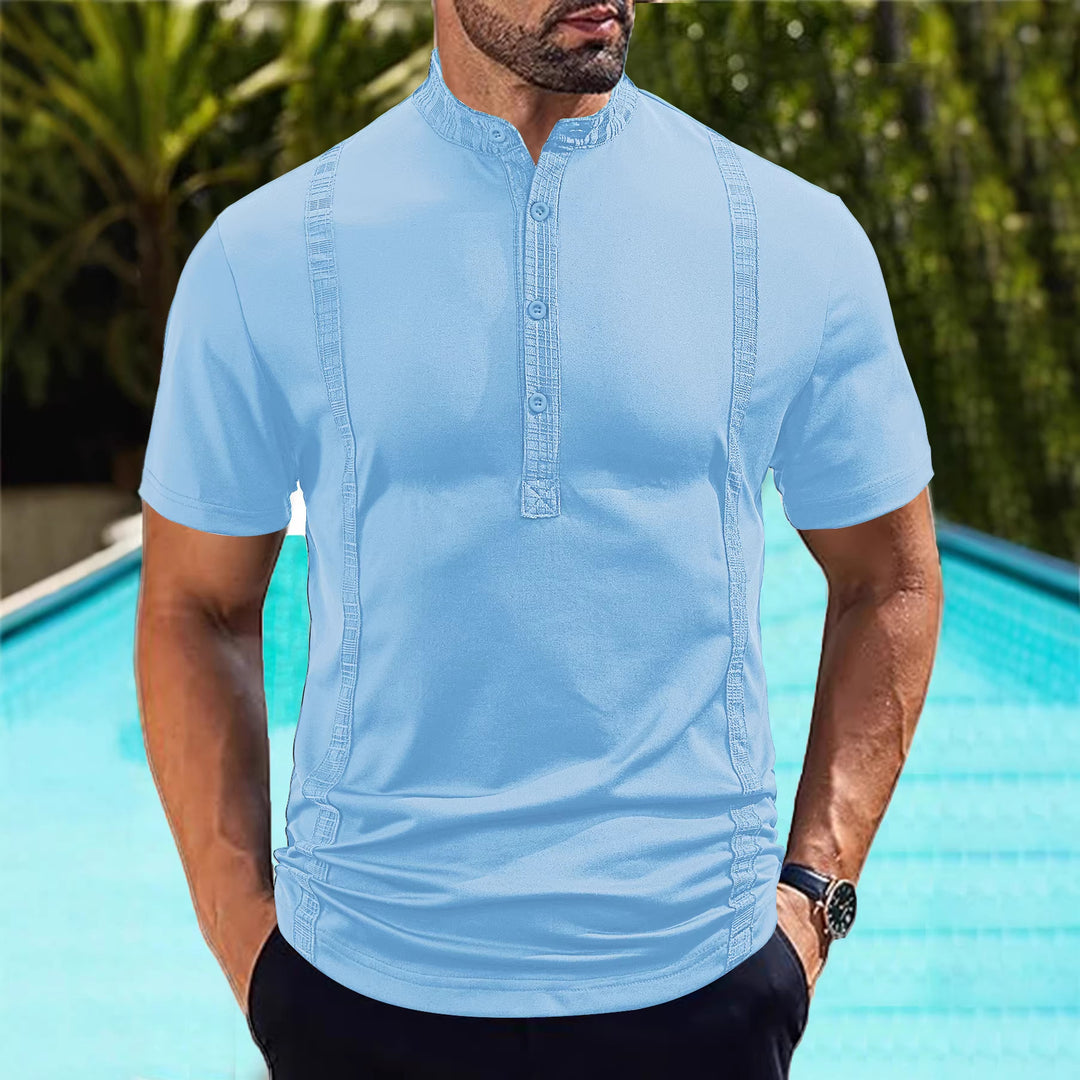 Herren nan Kurzarm-Stehkragenshirt mit verdeckter Knopfleiste, Zierpaspeln und figurbetonter Silhouette Echo Archiv