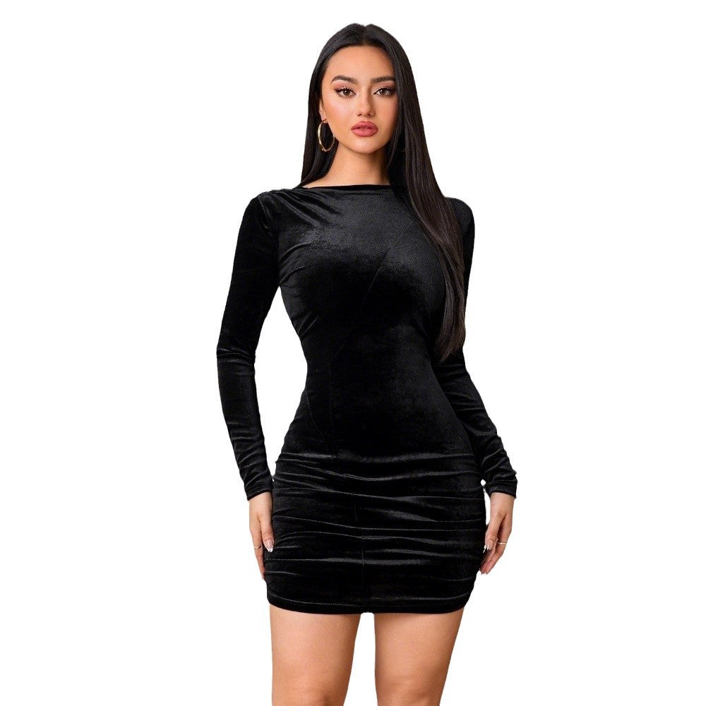 Damen eng anliegendes Samt-Bodycon‑Minikleid mit gerafftem Rock und U‑Boot‑Ausschnitt – Élara