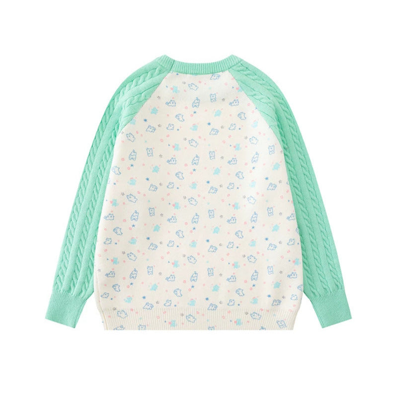 Damen Strickpullover mit Raglanärmeln, Zopfmuster-Ärmeln und Cartoon-Katzenfrontprint Echoarchiv
