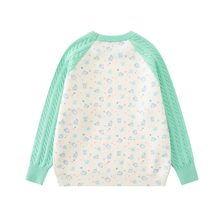 Damen Strickpullover mit Raglanärmeln, Zopfmuster-Ärmeln und Cartoon-Katzenfrontprint Echoarchiv