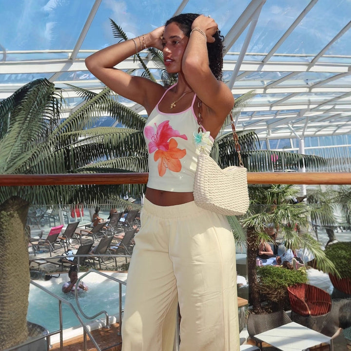Damen Crop-Top mit floralem Druck und Halterhals Echo Archiv