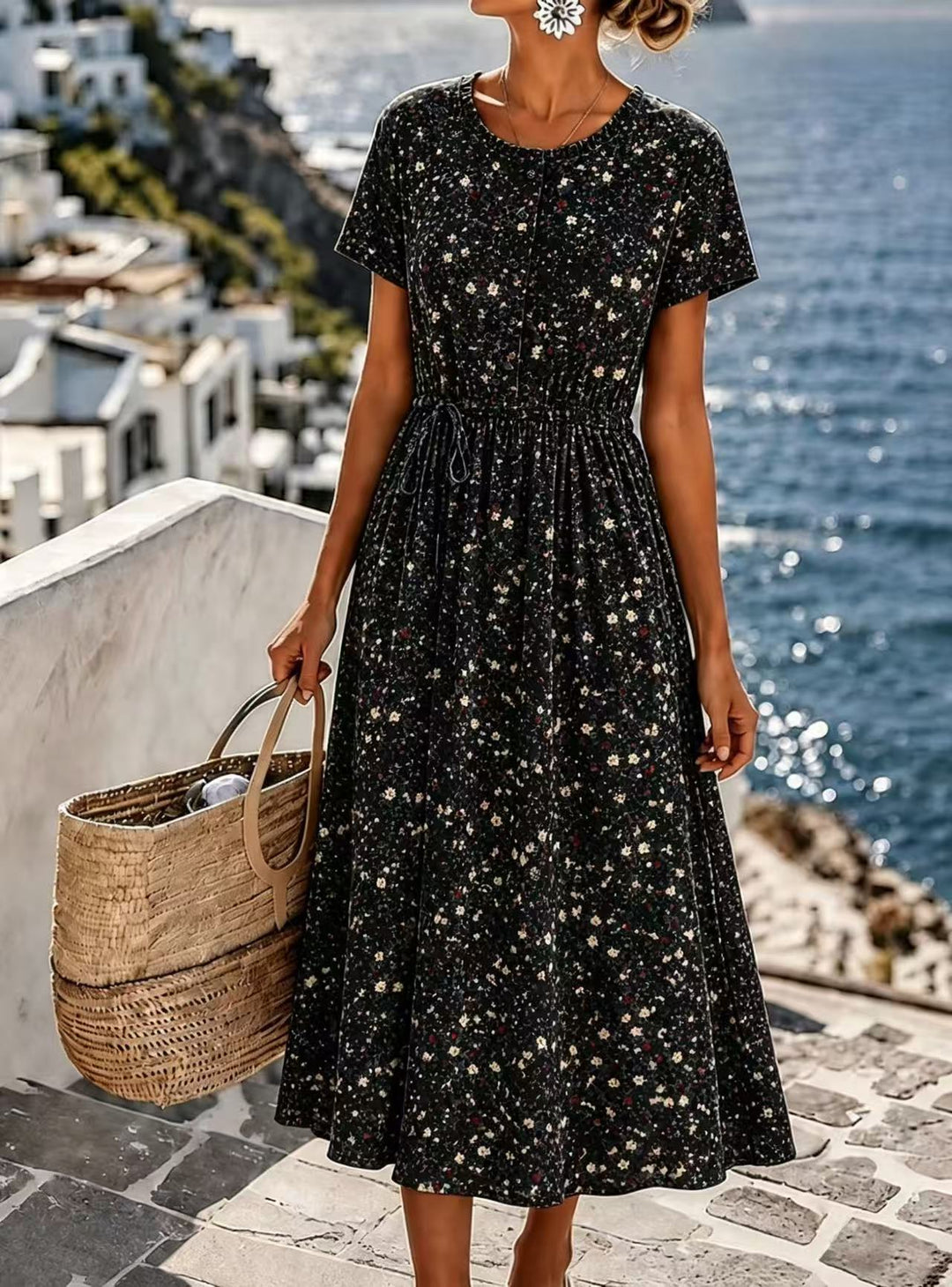 Damen Midikleid mit floralem Alloverprint, Tunnelzugtaillenband und Knopfleiste – Élara