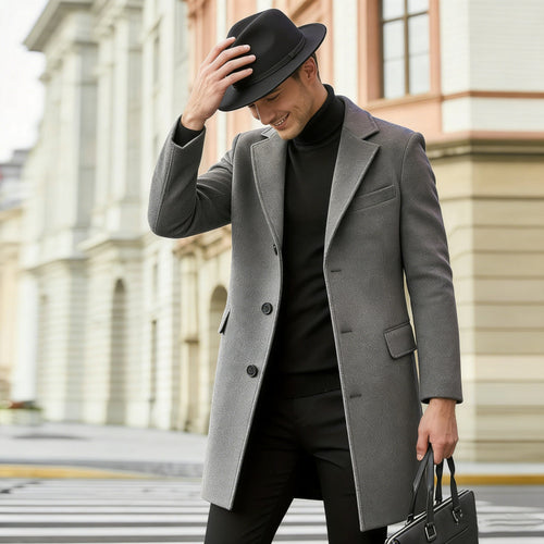 Herren nan eleganter City-Mantel aus Wollmix mit schmaler Silhouette, Reverskragen und Pattentaschen Echo Archiv