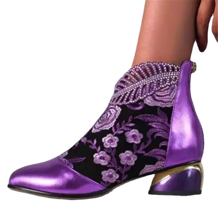Damen nan bestickte Ankle-Boots mit Samteinsatz Perlenbesatz und skulptiertem Blockabsatz Echo Archiv