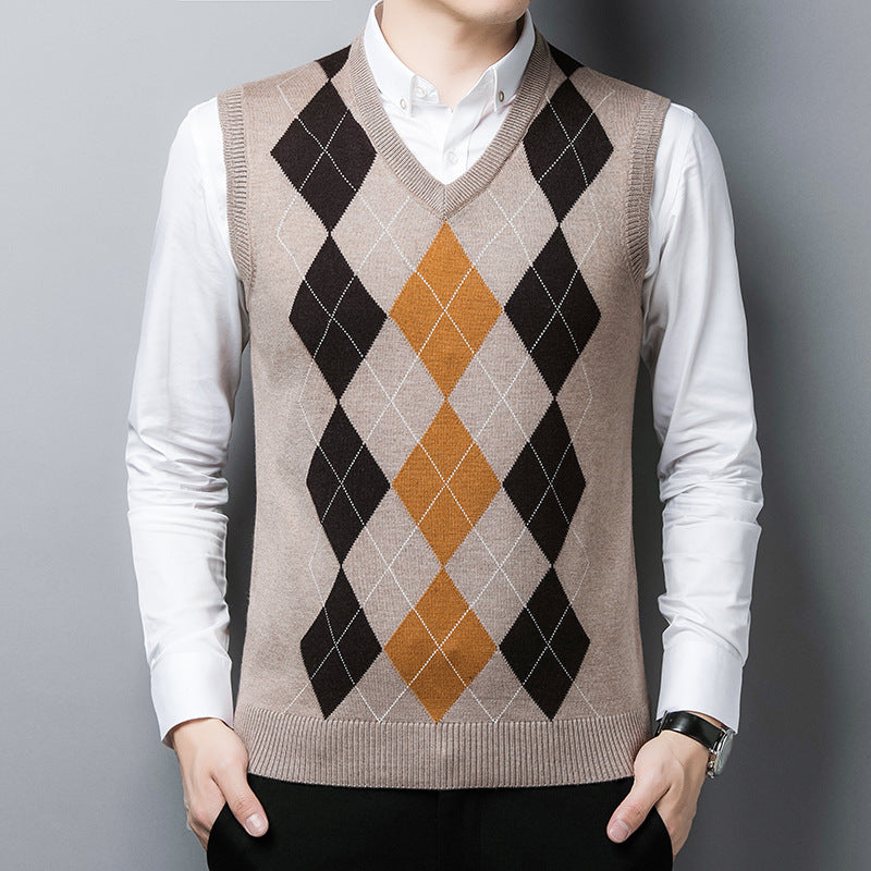 Herren klassischer V-Ausschnitt Strickpullover mit Rautenmuster Echoarchiv