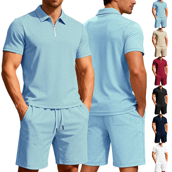 Herren nan komfortables Lounge-Zweiteiler aus strukturierter Baumwollmischung mit Halbzip-Poloshirt und Kordel-Shorts Echo Archiv