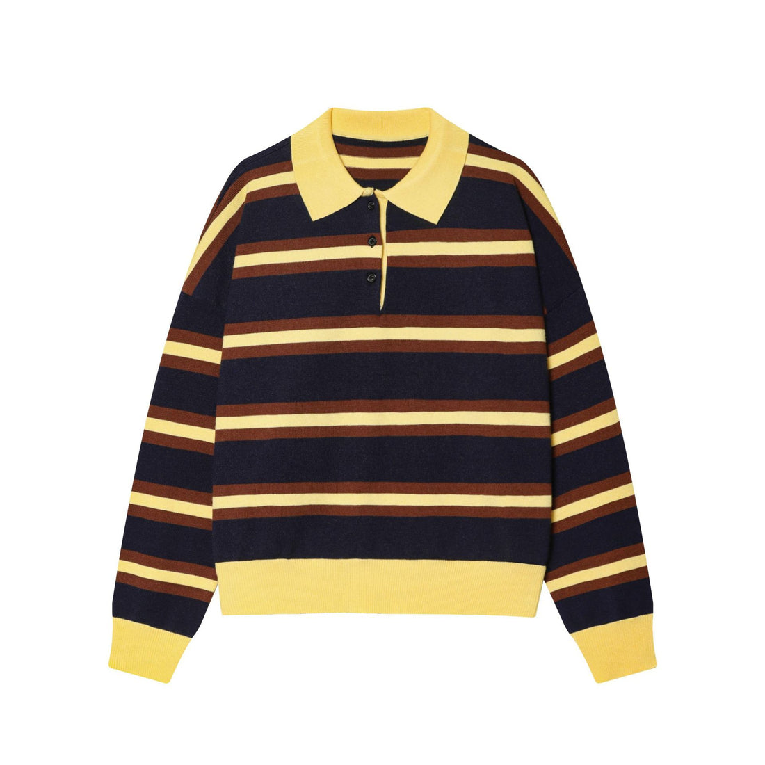Damen gestreifter Feinstrick-Polopullover mit Knopfleiste, Rippbündchen und leichter Wollmischung – Mavelle