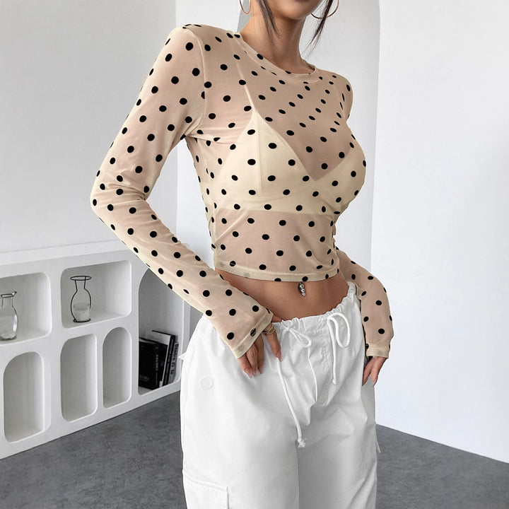 Damen nan bauchfreies Netzstoff-Oberteil mit Punktmuster und integriertem Bustier Echo Archiv