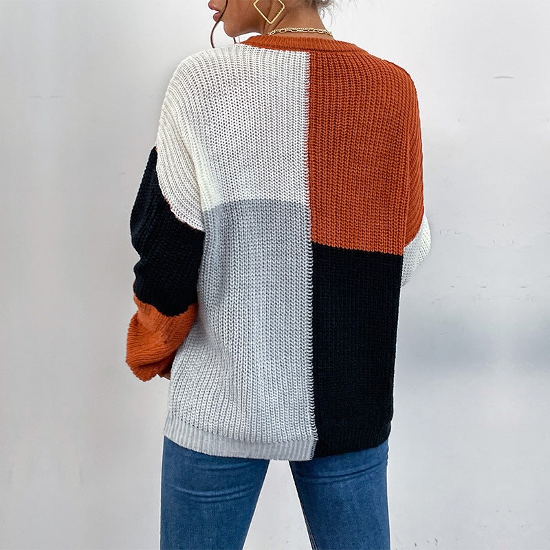 Damen Grobgestrickter Colorblock-Pullover Oversize mit Rundhals & Ballonärmeln Echoarchiv