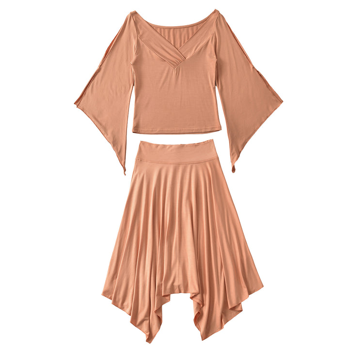 Damen Zweiteiliges Set aus drapiertem Top mit Fledermausärmeln und asymmetrischem Tellerrock Echoarchiv