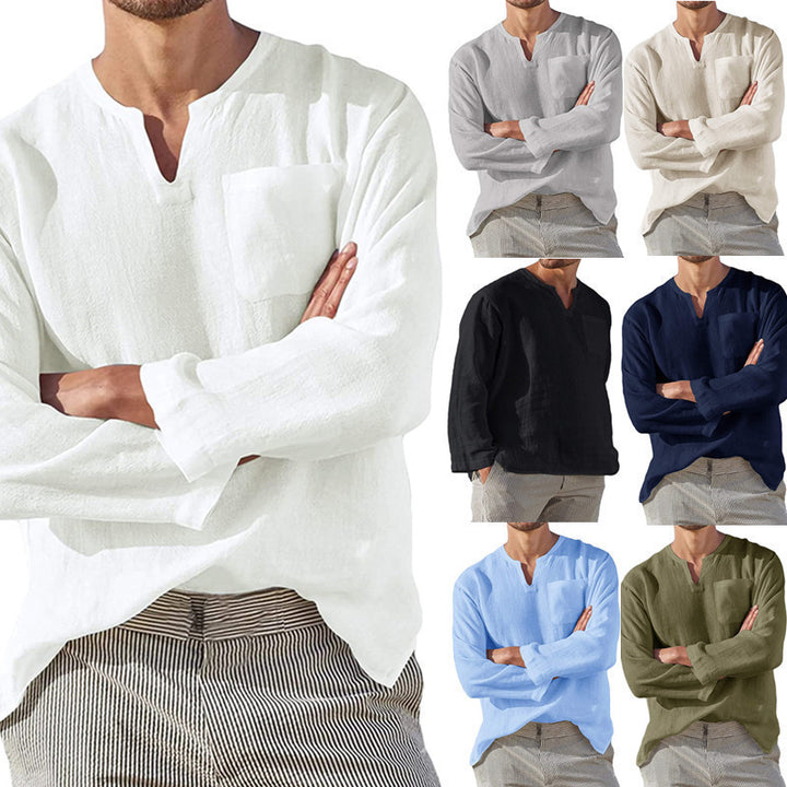 Herren lässiges Langarmshirt mit V-Ausschnitt und praktischer Brusttasche Echoarchiv