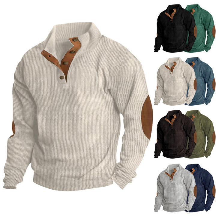 Herren Gerippter Henley-Pullover mit Stehkragen, Knopfleiste & Leder-Ellbogenpatches – Norvane