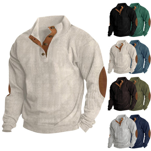 Herren Gerippter Henley-Pullover mit Stehkragen, Knopfleiste & Leder-Ellbogenpatches – Norvane