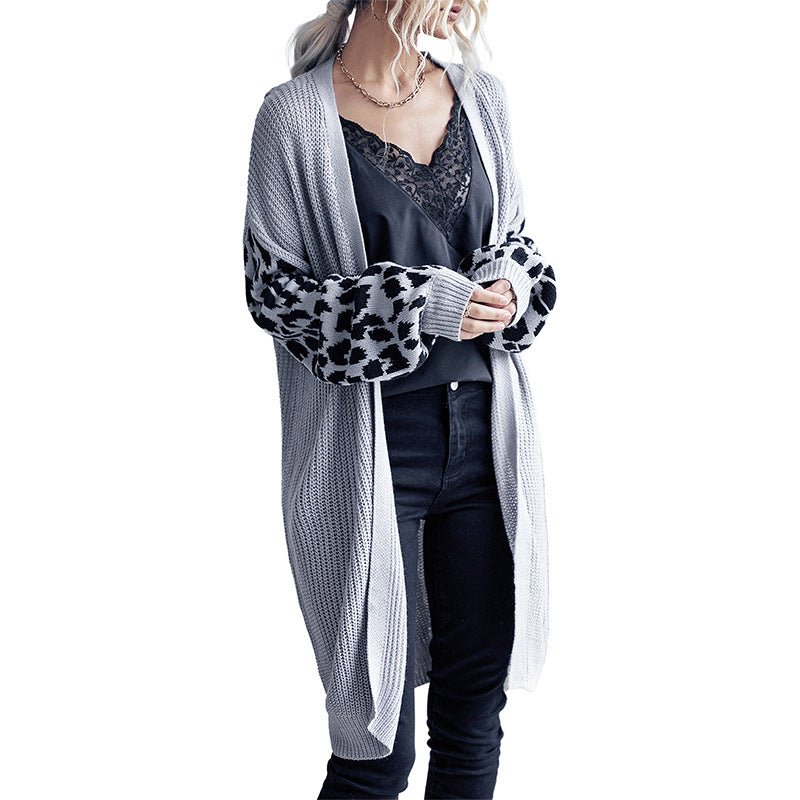 Damen Langer Offener Strickcardigan mit Leopardenmusterärmeln und geripptem Saum Echoarchiv