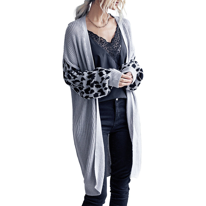 Damen Langer Offener Strickcardigan mit Leopardenmusterärmeln und geripptem Saum Echoarchiv