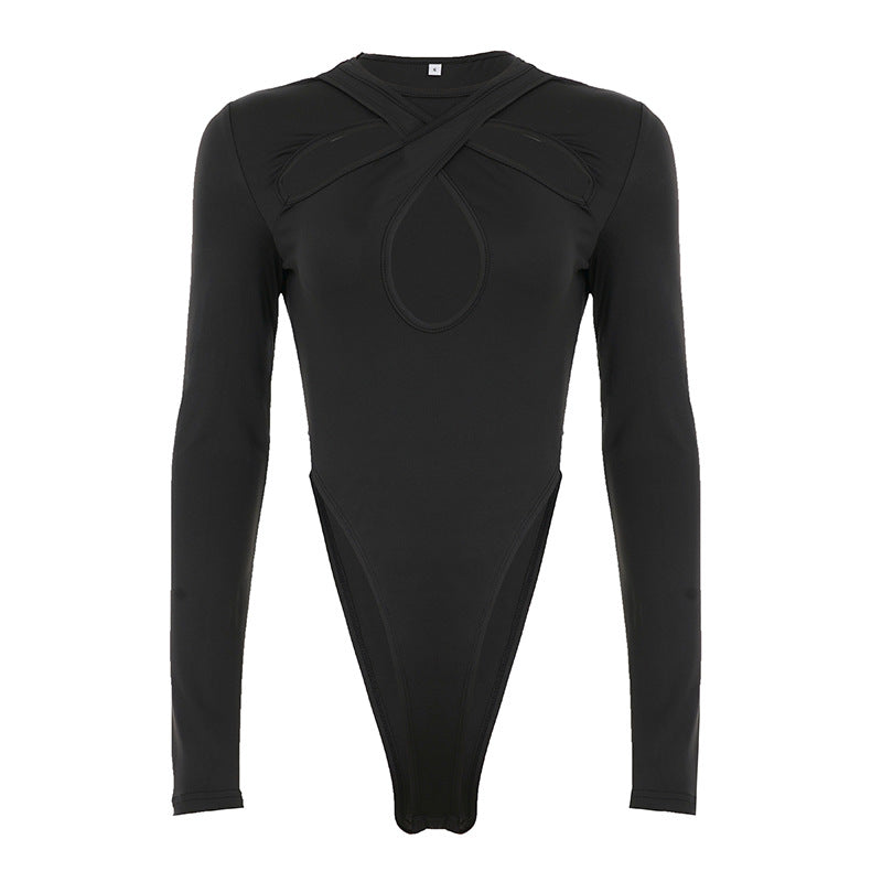 Damen Langarm Bodysuit mit raffiniertem Kreuz-Design und Hochbund Echo Archiv