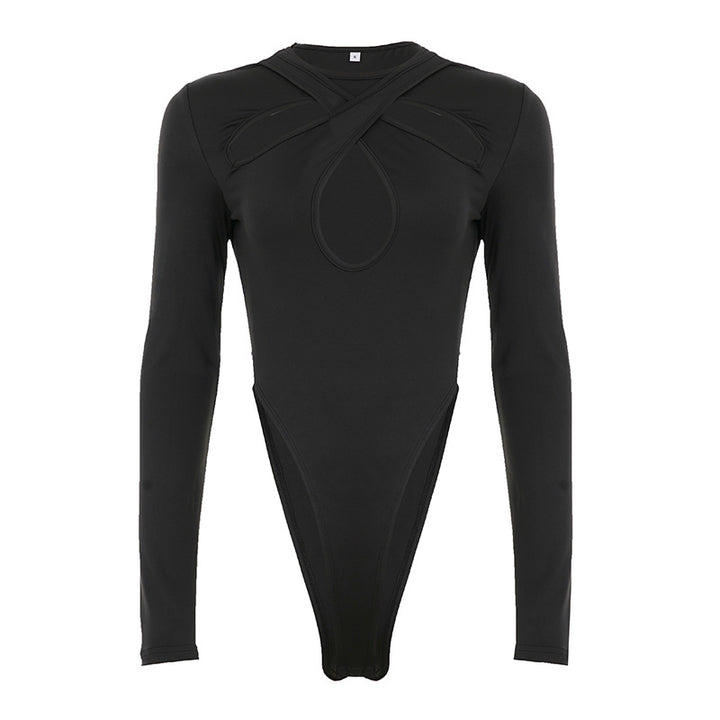 Damen Langarm Bodysuit mit raffiniertem Kreuz-Design und Hochbund Echo Archiv