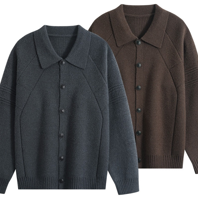 Herren Strickcardigan mit Hemdkragen, Raglanärmeln & geripptem Saum Echoarchiv
