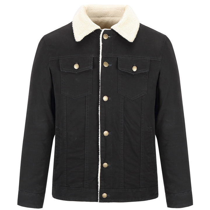 Herren Baumwoll-Canvas Truckerjacke mit Sherpa-Kragen und durchgehendem Teddyfutter – Taviero