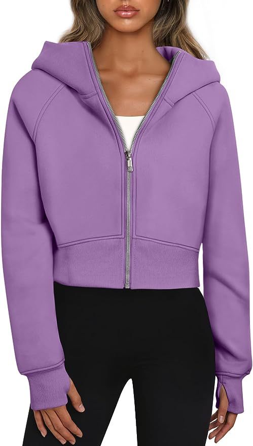 Damen Kurz geschnittener Performance-Kapuzenpullover mit durchgehendem Reißverschluss und Daumenlochbündchen Echoarchiv