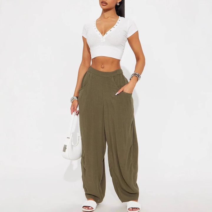 Damen Weite Relax-Hose mit hohem Komfortbund, tiefen Eingrifftaschen & lockerem Palazzo-Schnitt – Avérine