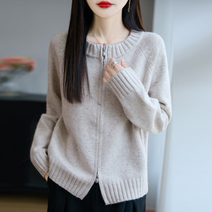 Damen Zip-Strickjacke mit Rundhalsausschnitt, feinem Nep‑Garn und gerippten Abschlüssen Echoarchiv