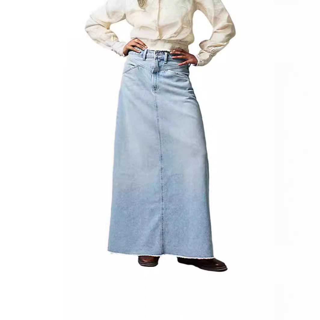 Damen Langer Denim-Rock mit hohem Bund und praktischen Taschen Echoarchiv