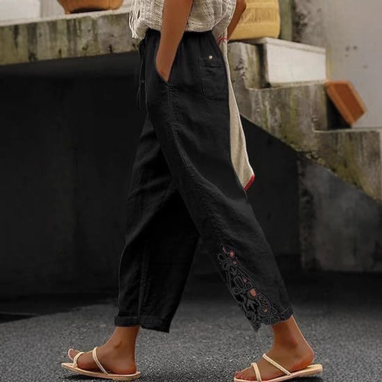 Damen luftige Leinenhose mit dekorativen Stickereien Echoarchiv
