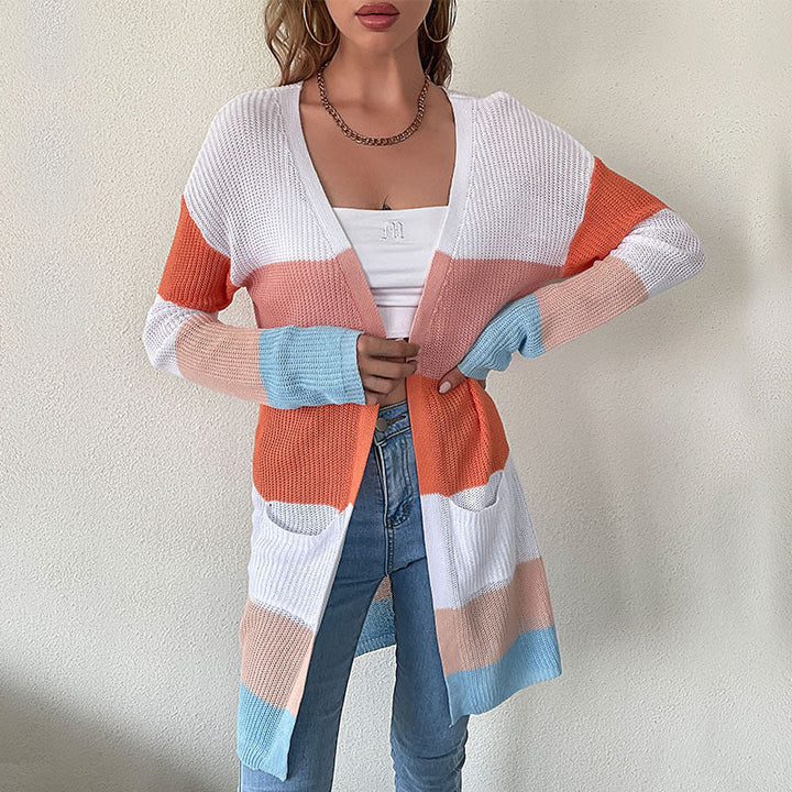 Damen Langer Blockstreifen-Strickcardigan mit offenem Schnitt, Eingrifftaschen und leichter Ajourstruktur Echoarchiv