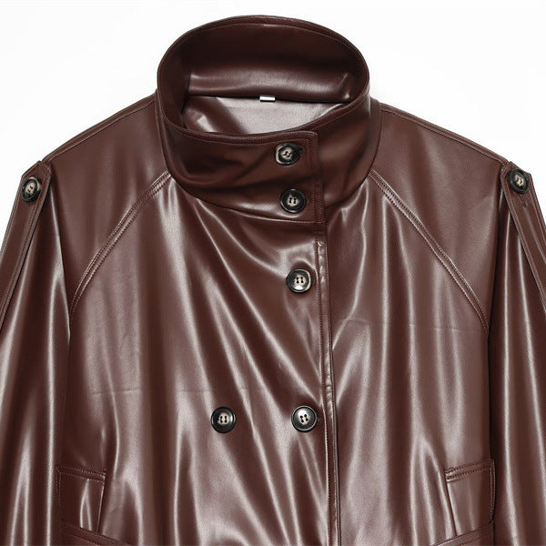 Damen Cropped Kunstlederblouson mit Hochkragen, doppelter Knopfleiste und Bindegürtel Echo Archiv
