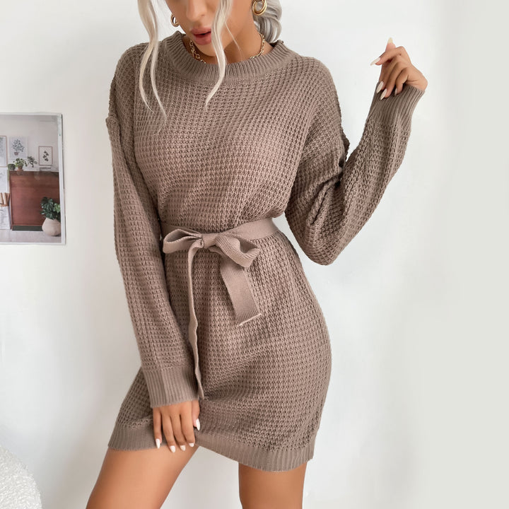 Damen Waffelstrick-Minikleid mit Tunnelzug-Taillengürtel und geripptem Saum Echoarchiv